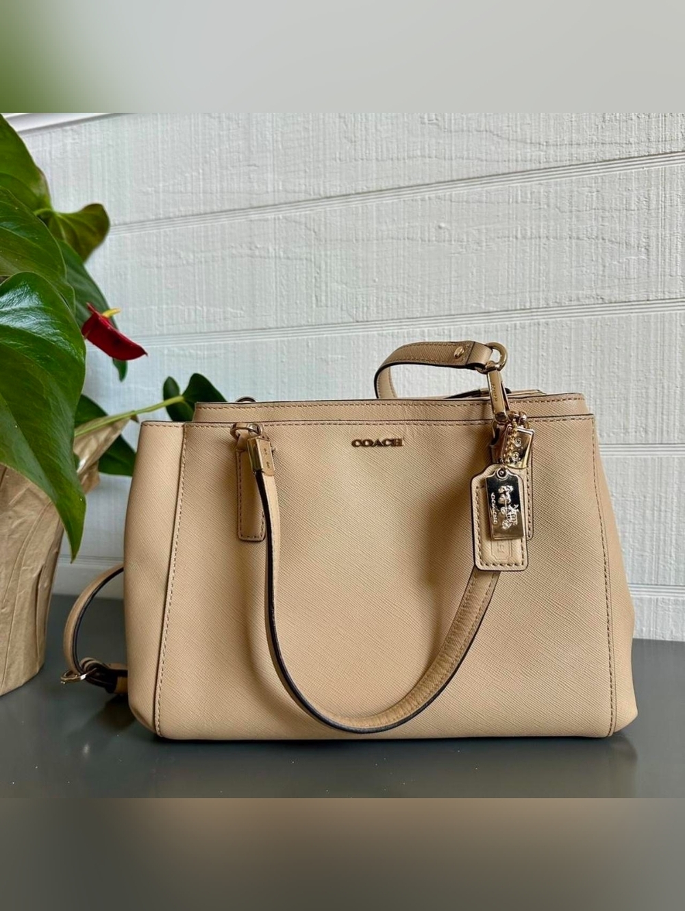 Coach Pebble Leather Satchel Tote in Beige